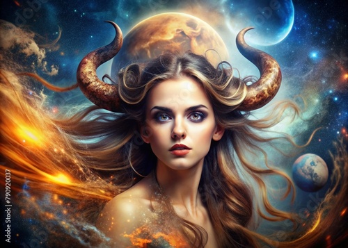 Zodiac signs. Astrological forecast. Predictions. A beautiful girl in the zodiac sign Taurus. The concept of astrology and horoscope.A series of images of 12 zodiac signs.