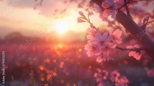 Blossoming pink flowers at golden hour