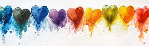 A set of watercolor heart paintings in a rainbow of colors dripping down a white background - Diversity, Harmony, Unity concept illustration background