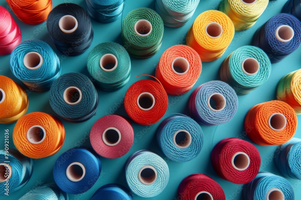Colorful spools of thread on azure textile surface Colorful spools of thread on azure textile surface