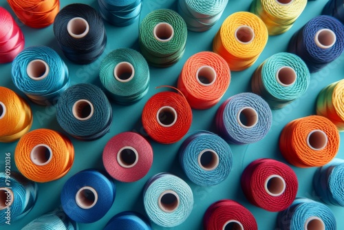 Colorful spools of thread on azure textile surface