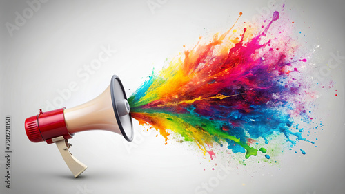 A megaphone emits a vibrant explosion of colorful splashes, symbolizing powerful communication or creative expression. The visual metaphor combines a stark white background.AI generated. photo