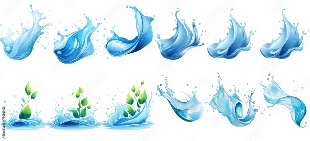 A dynamic series of water splash illustrations with vibrant green leaves, symbolizing freshness, purity, and nature.
A dynamic series of water splash illustrations with vibrant green leaves, symbolizing freshness, purity, and nature.
