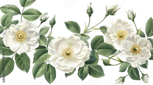 A white flowers with green leaves is the main focus of the image. The flowers are surrounded by green leaves, which give the impression of a lush, vibrant garden. The scene is one of tranquility