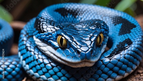 Macro shot capturing the face of a blue viper snake.