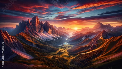 Sunset Majesty: Peaks and Valleys in Vibrant Light photo