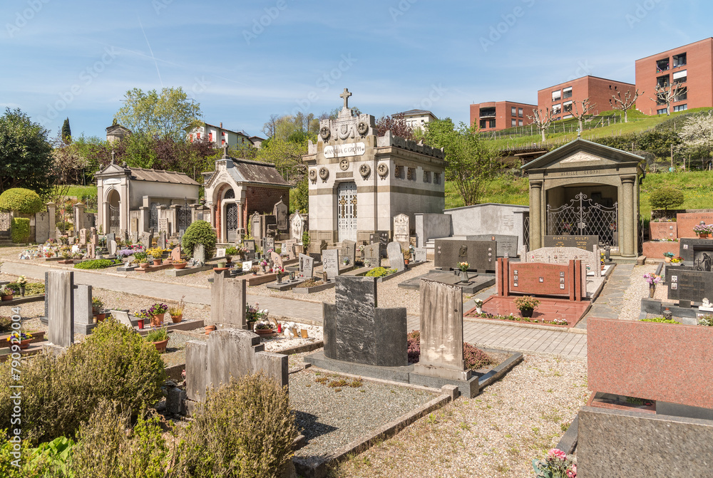 View of the public cemetery in Rovio, district of Lugano in canton of Ticino, Switzerland