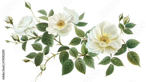 A white flowers with green leaves is the main focus of the image. The flowers are surrounded by green leaves, which give the impression of a lush, vibrant garden. The scene is one of tranquility