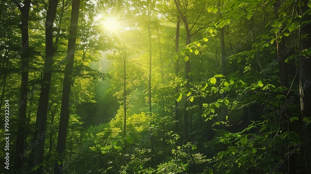 Obraz premium Sunlight filtering through forest panoramic view