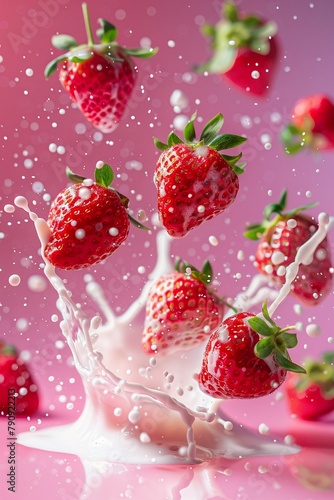Strawberries in milk splash vibrant against pink