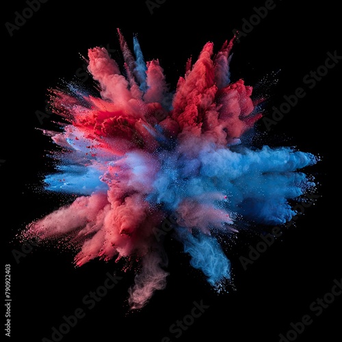 Dynamic explosion of red and blue powder against a black backdrop