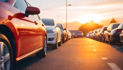  Colorful cars parked in a parking lot at midday , with the golden hour light illuminating the scene. © Arif