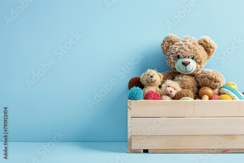 Baby toys collection in toy box on blue background - teddy, wooden educational toys, front view © Yurij