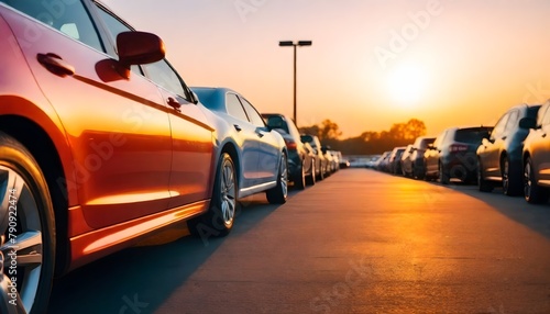  Colorful cars parked in a parking lot at midday , with the golden hour light illuminating the scene. © Arif