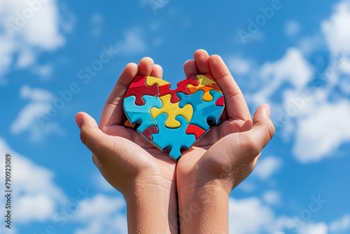 Wallpaper Mural World autism awareness. boy holding jigsaw puzzle heart over blue sky background Torontodigital.ca