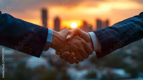 Handshake at Dusk: Sealing Deals as Day Ends. Concept Business Networking, Professional Attire, Formal Handshake