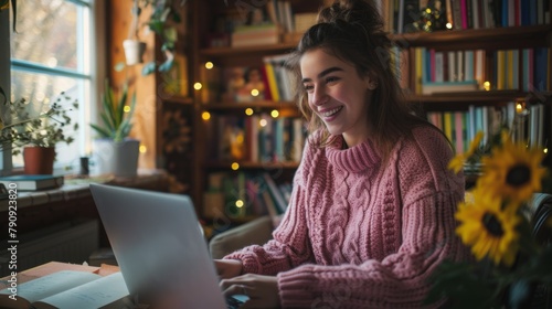 A Woman Smiling at Laptop