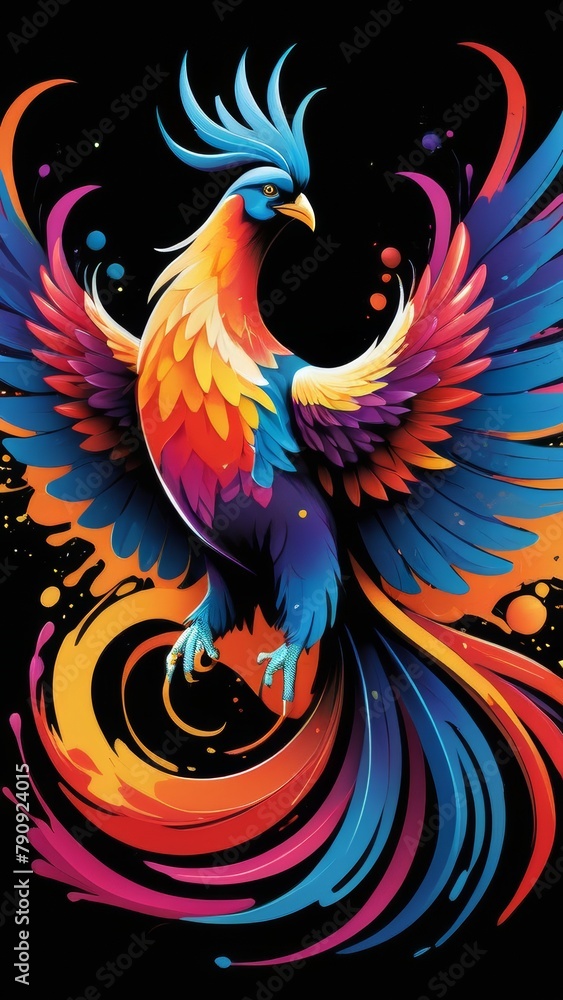 Abstract colorful bird on black background. Vector illustration for your design.