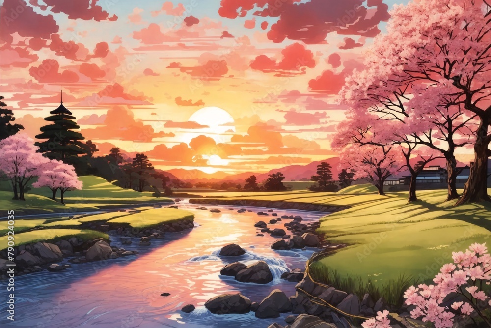 Sunset Scene with a River and Spring Trees, Japanese Background with ...