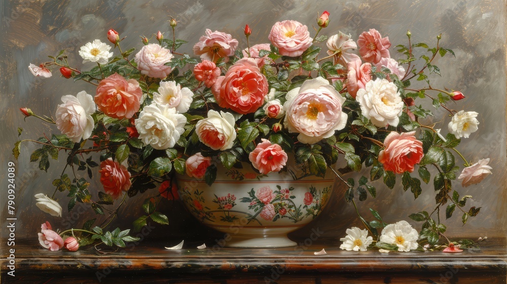   A table displays a vase with pink and white blooms Nearby, a painting depicts red and white flowers