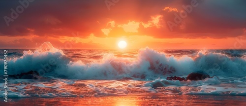 Fiery Horizon: Waves Meet Sunset Blaze. Concept Landscape Photography, Ocean Views, Golden Hour, Fiery Skies, Horizons