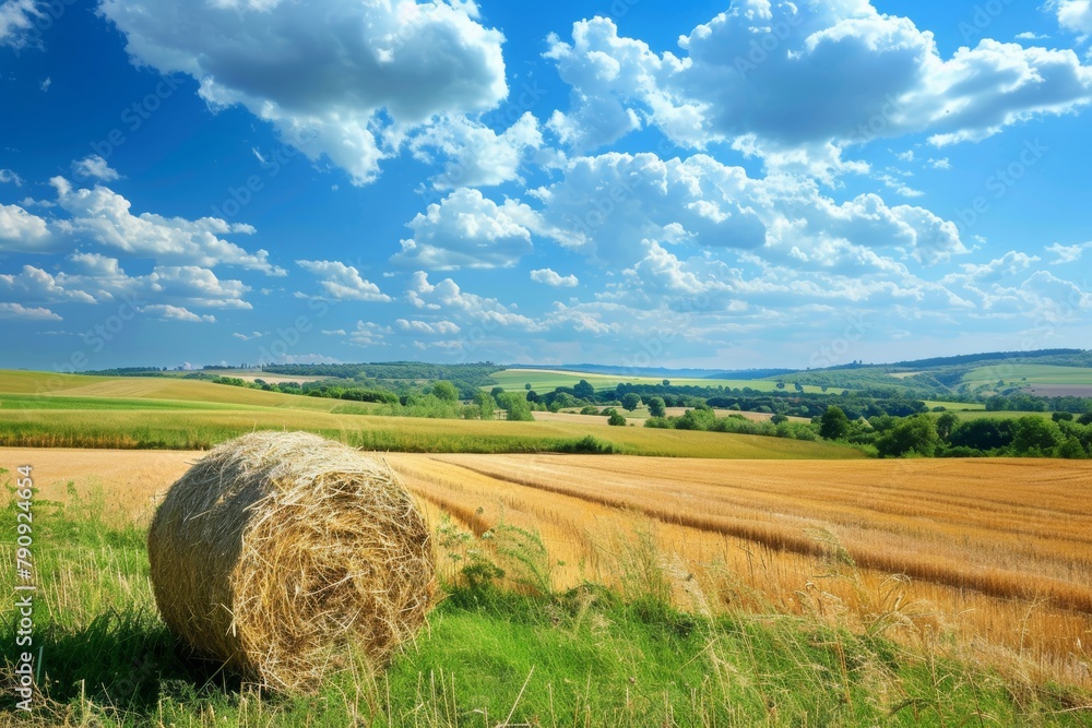Scenic view of idyllic rural landscape with lush green fields and clear blue sky