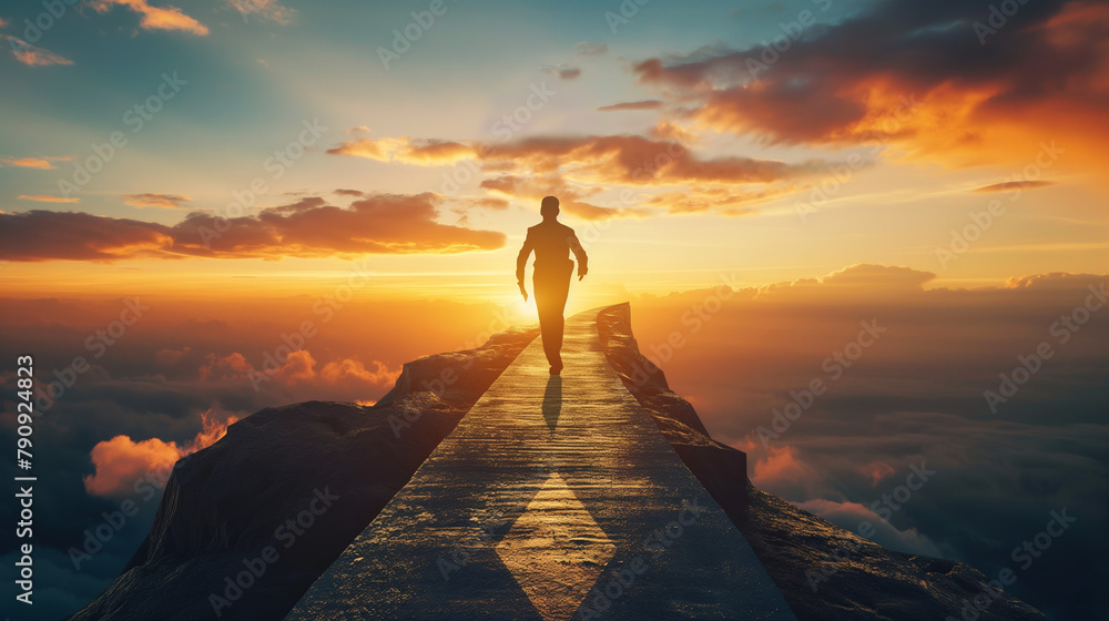 A man's silhouette is captured while running upwards on a mountain peak against a breathtaking sunrise, symbolizing victory