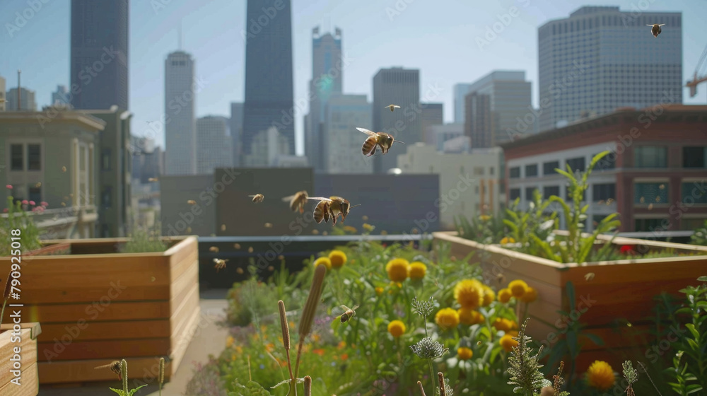 Fototapeta premium Bees pollinating flowers on an urban rooftop garden against a backdrop of towering skyscrapers on a clear day