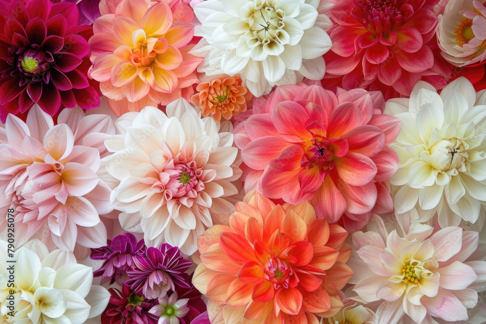 Obraz premium Numerous colorful flowers are arranged in a cluster in the center of a plain wall, creating a vibrant focal point