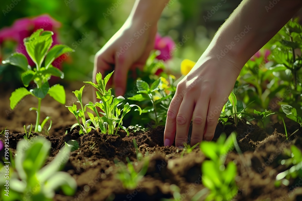 Fototapeta premium Eco friendly farmer hands planting tree in community garden, sustainable growth, sunny day