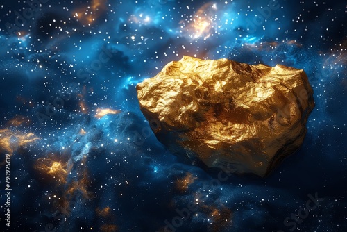 A golden asteroid against a deep blue nebula