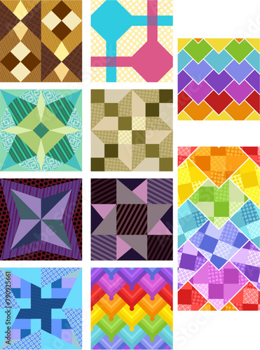 Set of quilt patterns and designs in many colors 
