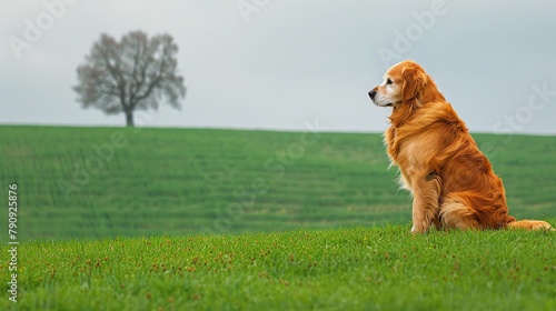 A golden retriever sits in a grassy field, looking off into the distance. There is a tree in the background. The dog is alone.