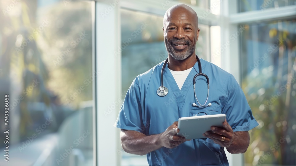 Obraz premium Smiling Doctor Holding Tablet