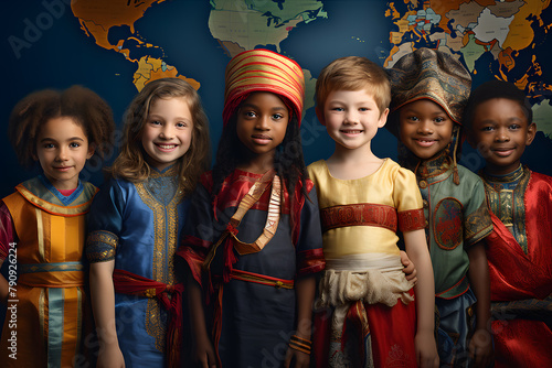 Multi-ethnic boys and girls, or earth day and international world culture as a concept of diversity among nations and ethnicities of individual countries.