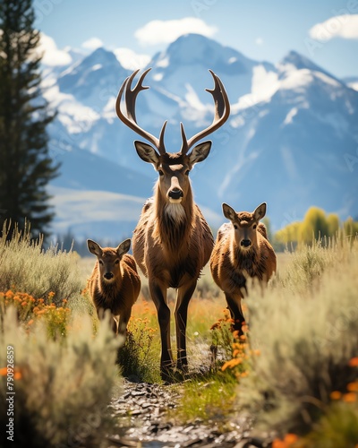 A majestic elk stands in a field of wildflowers with its two fawns.
