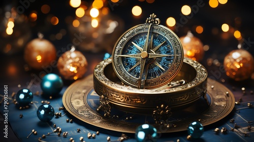 An illustration of a compass with a blue glowing crystal in the center. It is surrounded by candles and beads. The background is dark blue.
