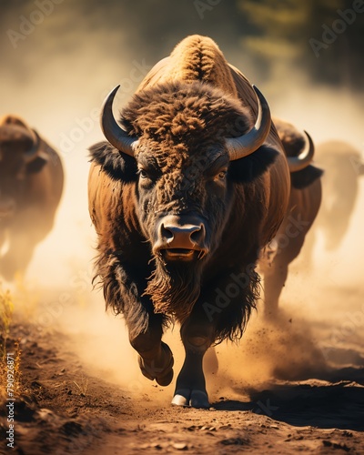 A large, muscular bison with dark brown fur and large horns is running towards the viewer, kicking up dust as it goes. The background is blurred and light brown.