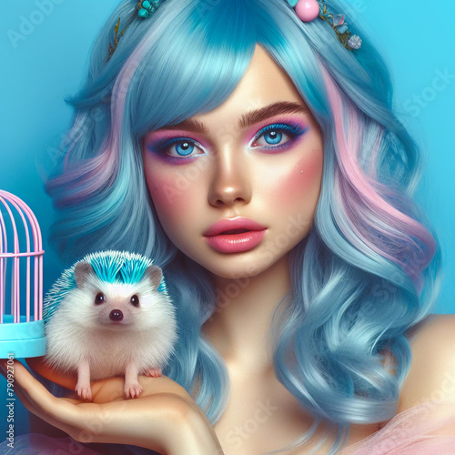 A girl with blue hair holds a hedgehog in her hands. photo