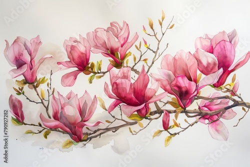 Artistic painting of magenta blossoms on a white canvas