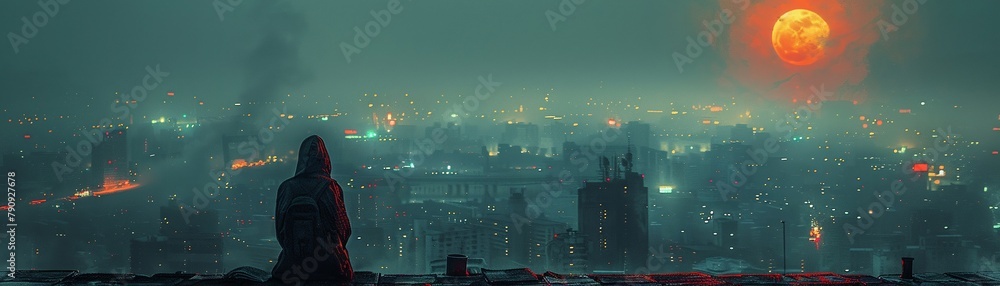Obraz premium Shadow assassin, moonlit rooftop, assassin s stealth sketch, rooftop view, night shadows, lethal precision