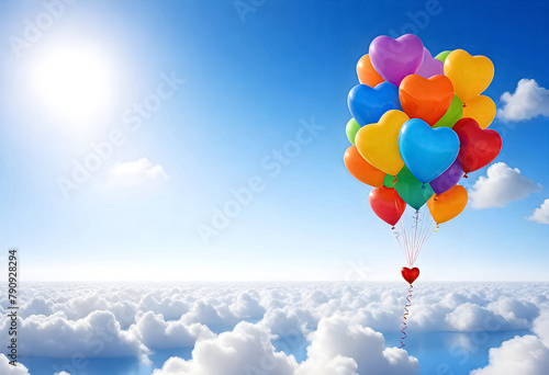 a heart shaped colorful balloons floating in the sky above the clouds