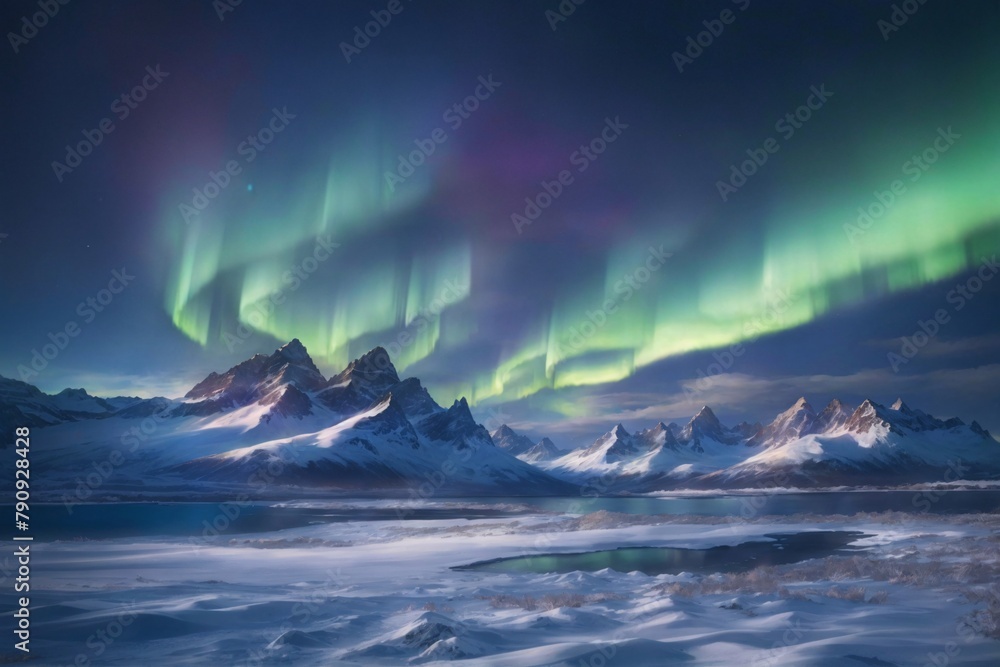Snow covered Mountain and Aurora Sky Landscape, Southern Lights Landscape, Aurora Landscape, Shimmering Aurora Borealis, Northern lights Aurora Borealis, AI Generative