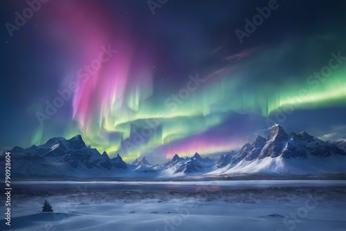 Snow covered Mountain and Aurora Sky Landscape, Southern Lights Landscape, Aurora Landscape, Shimmering Aurora Borealis, Northern lights Aurora Borealis, AI Generative © Forhadx5