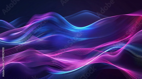 Abstract shape glowing in ultraviolet and violet spectrum with curvy neon lines on a blue background.