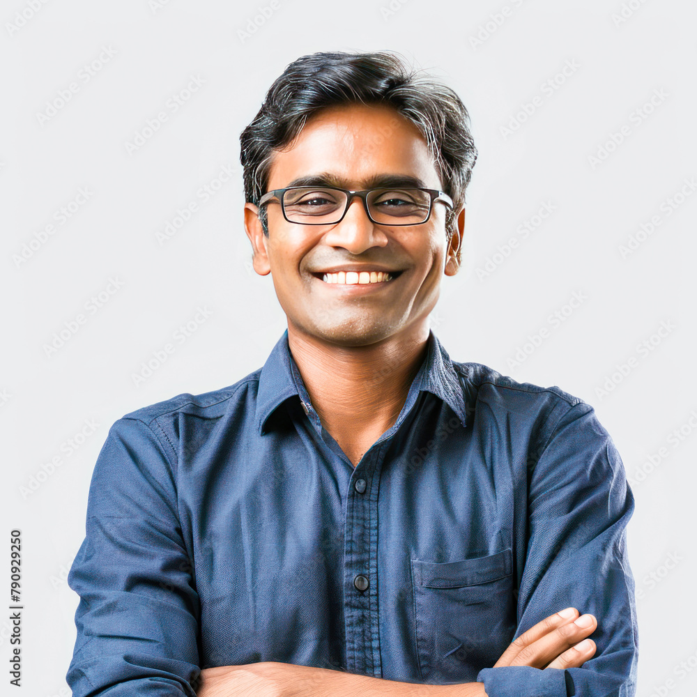 Indian man wearing eye glasses and smiling on white background Indian man wearing eye glasses and smiling on white background