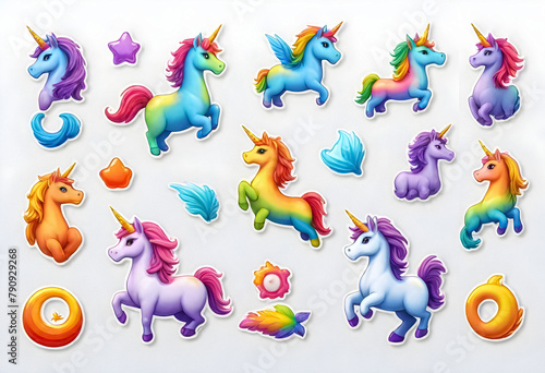a collection of colorful unicorn stickers set