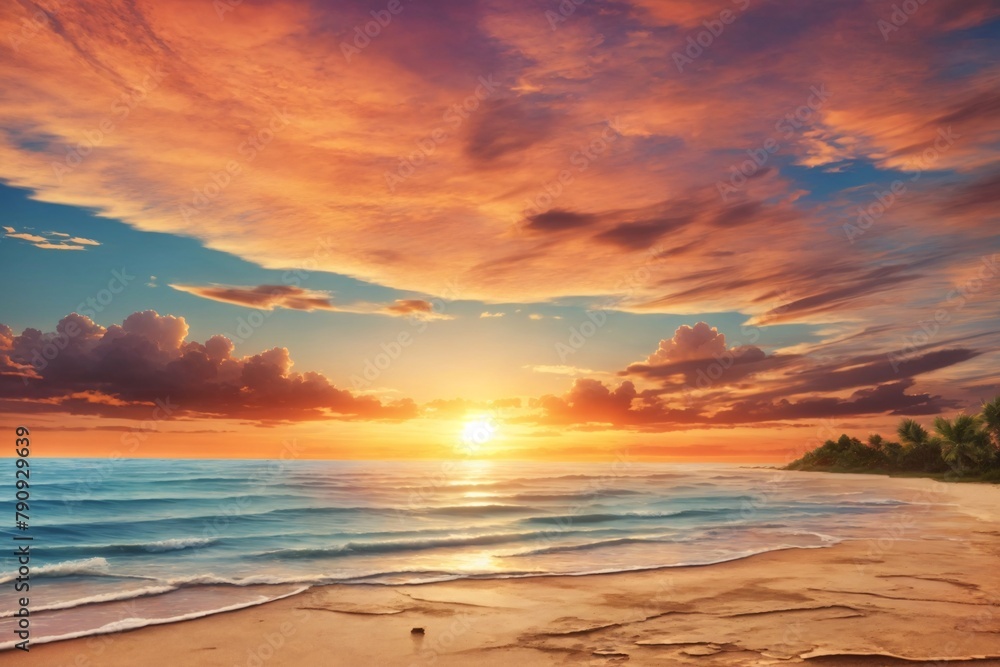 Sunset Beach Landscape Background, Sunset Beach Wallpaper, Beautiful Seascape, Colorful Sunrise over the Sea, A tranquil beach at sunset, Sunset Background, AI Generative