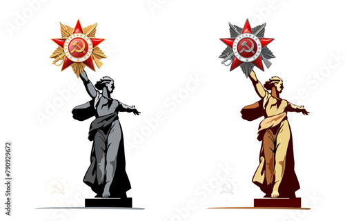 Vector illustration. Sculpture-monument Motherland is calling. May 9th. Happy Victory Day! Order of the Patriotic War 1st and 2nd degrees. Translation of Russian inscriptions: Battle of Stalingrad