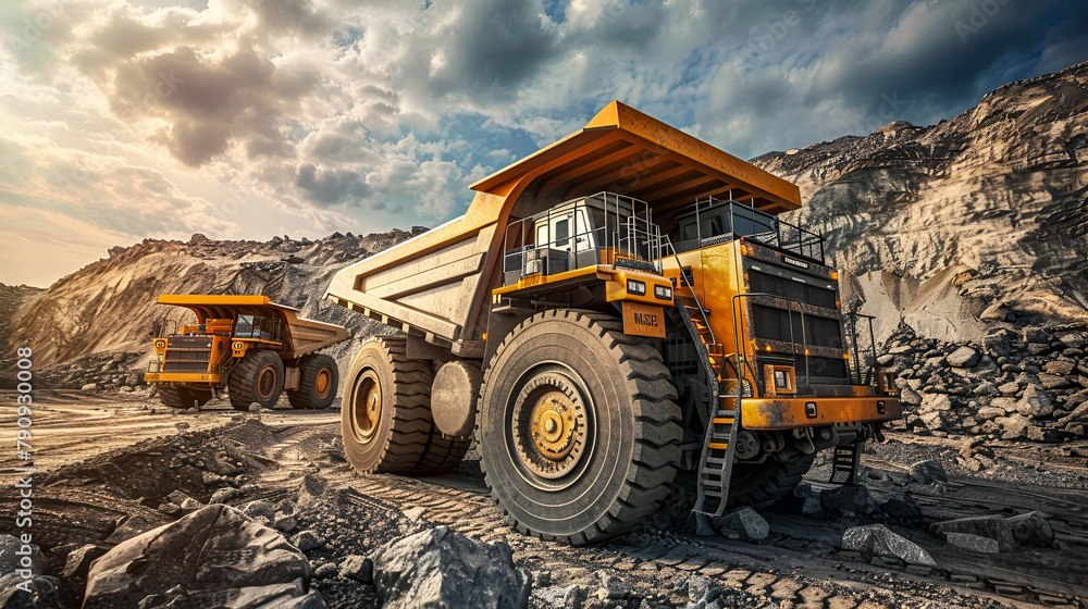 Heavy Mining Equipment at Work. Mining Industry Concept. Dump Truck on a Construction Site. Earthmoving Operations Concept. Mining automation